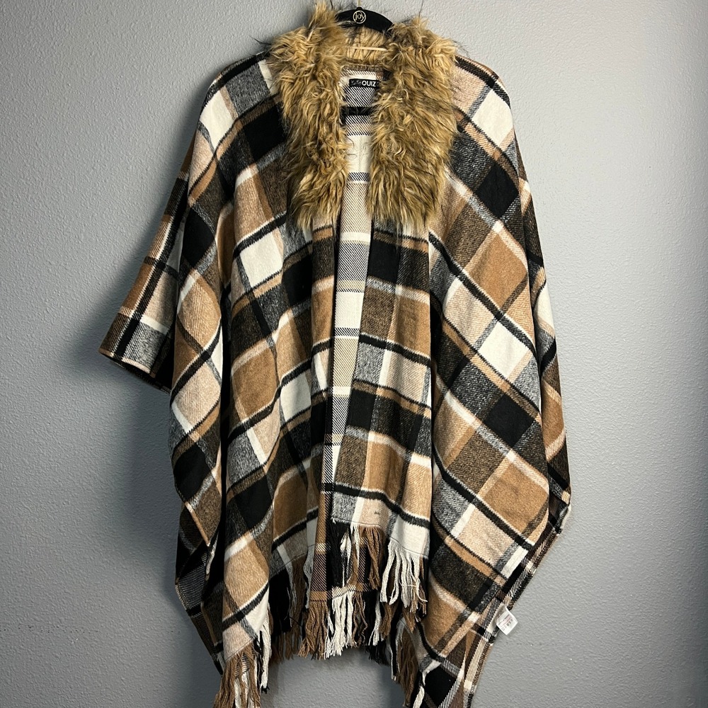 Quiz Plaid Poncho Cape Faux Fur Collar Fringe Hem One Size Brown Black White